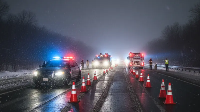 New York State Police and fire trucks at night on icy Interstate 81 after the LaFayette accident that injured multiple people.
