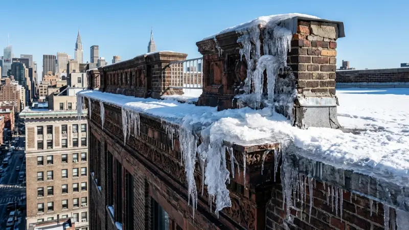 Close-up of rooftop ice along building edge representing how Falling Ice Could Injure Pedestrians