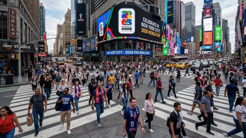 Busy NYC pedestrian crossing illustrating New York City streets redesigned 2026 World Cup preparations