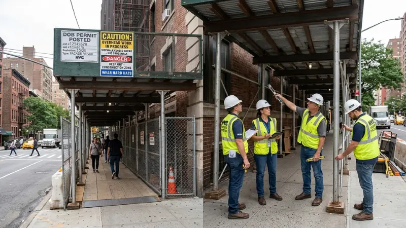 NYC building with sidewalk shed representing how Falling Ice Could Injure Pedestrians safety review and property maintenance.