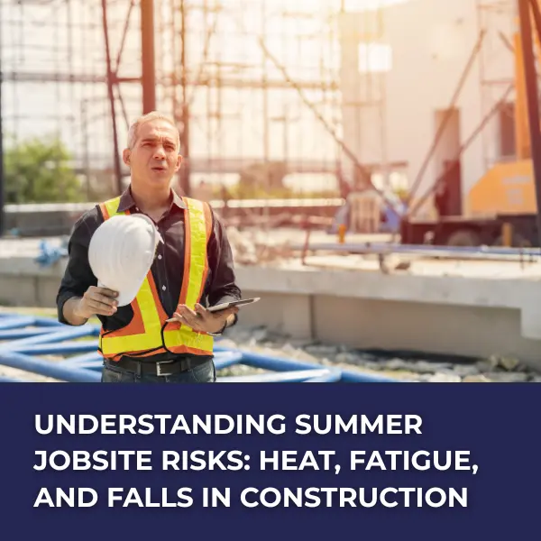 A construction worker in a yellow vest and hard hat stands on a hot jobsite, looking fatigued, with overlaid white text reading “Understanding Summer Jobsite Risks: Heat, Fatigue, and Falls in Construction.”
