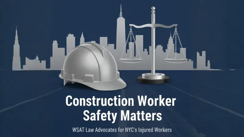 Digital awareness poster featuring the New York City skyline, a hard hat, and justice scales with the text “Construction Worker Safety Matters – WSAT Law Advocates for NYC’s Injured Workers.”
