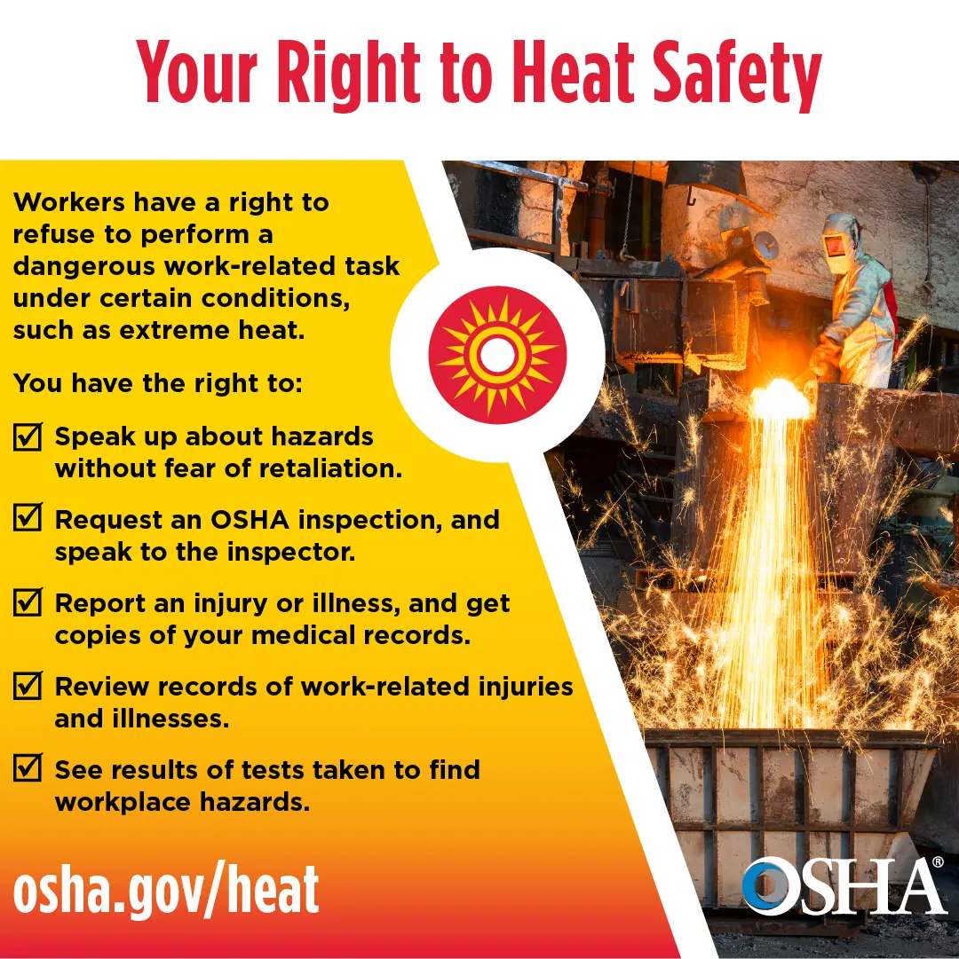 your right to heat safety infographic by osha.gov to help understand your rights and prevent Heat, Fatigue, and Falls in Construction