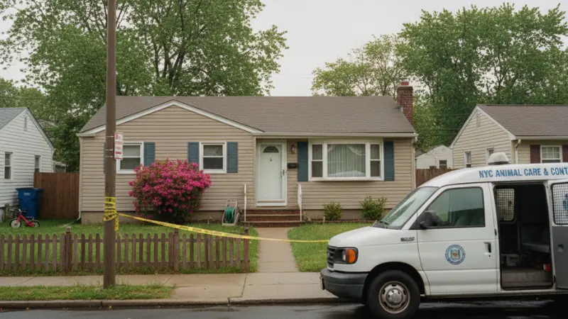Exterior of a suburban Staten Island home with police tape and animal control nearby following a Staten Island Dog Attack under investigation