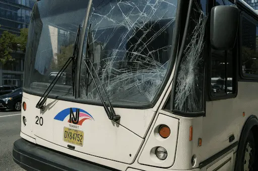 Damaged NJ Transit bus with shattered windshield after Port Authority accident that left 29 injured and 1 concussed.