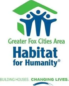 Logo of Greater Fox Cities Area Habitat for Humanity, featuring three figures symbolizing community support, with the text "Building Houses. Changing Lives."