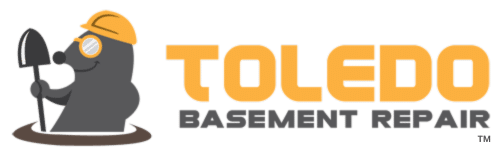 Toledo Basement Repair logo featuring a cartoon mole wearing a hard hat and glasses, holding a shovel, symbolizing professional basement waterproofing and structural repair services.