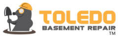 Toledo Basement Repair logo featuring a cartoon mole wearing a hard hat and holding a tool, symbolizing basement waterproofing and structural repair services.
