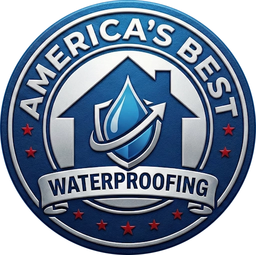 Logo of America's Best Waterproofing featuring a house silhouette and water droplet, emphasizing basement waterproofing services relevant to moisture and mold prevention.