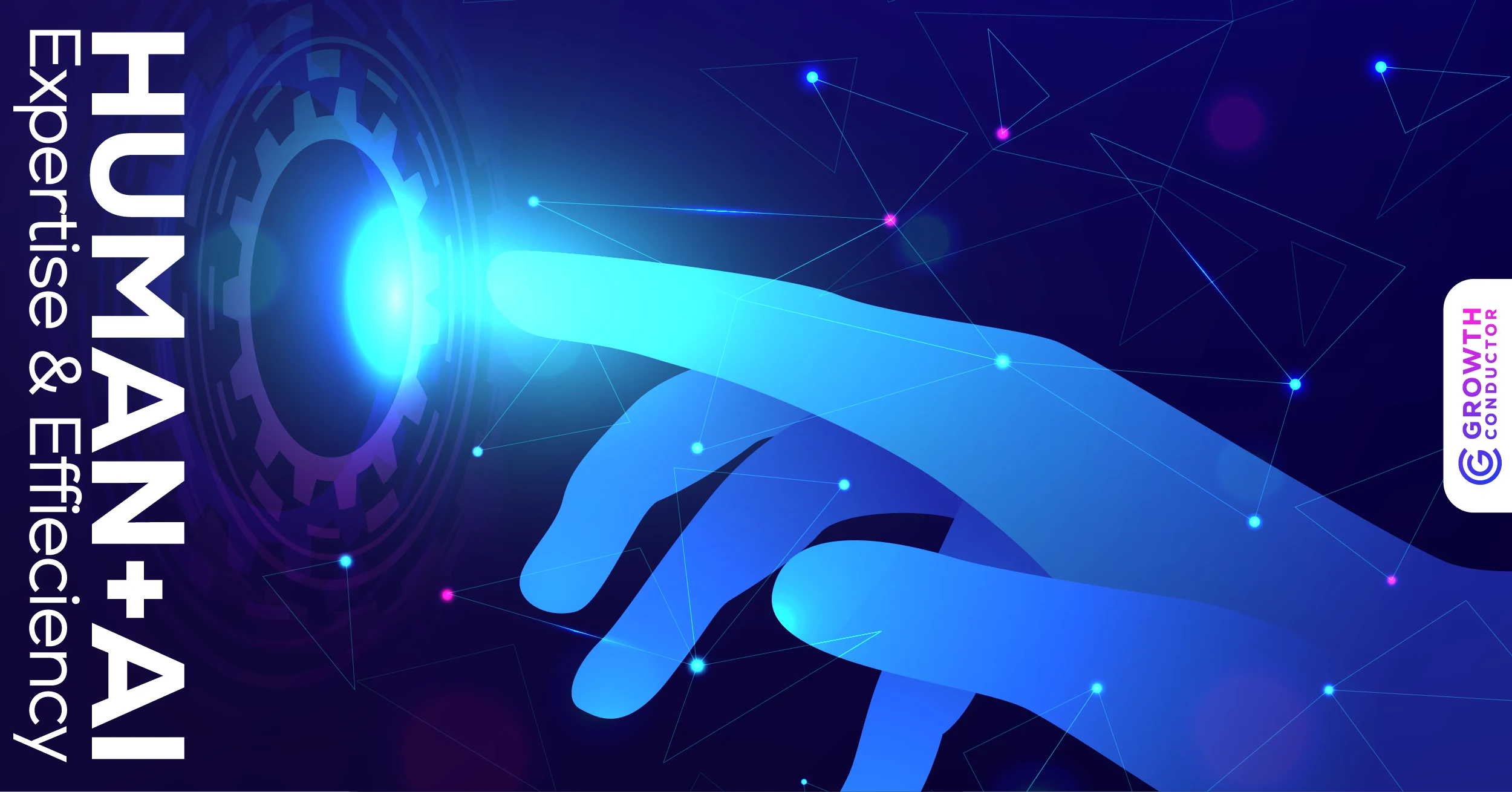 Futuristic hand touching glowing AI gear interface