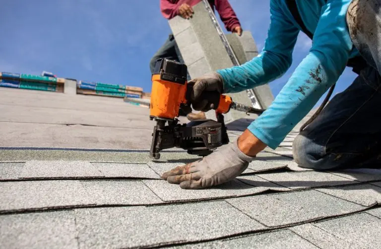 roofers installing new shingles, Roseville, MN