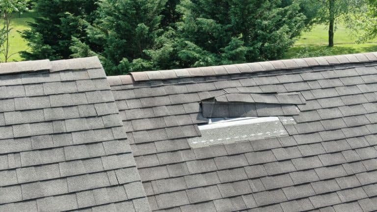 Aerial Drone Close Up of Roof Damage, Missing Shingles, Roseville, Minnesota