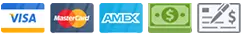 payment methods including Visa, MasterCard, American Express, cash, and check