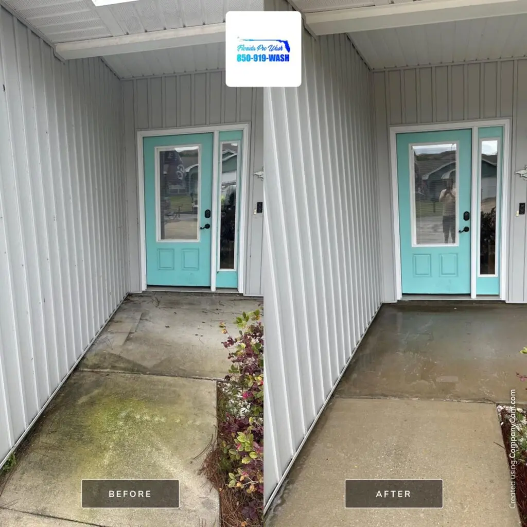 Before-and-after of a Rosemary Beach, FL walkway power washed by Florida Pro Wash. The light gray walkway is now clean, leading to a turquoise front door.