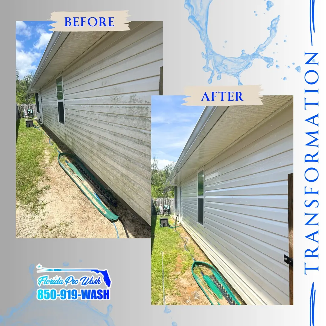 Before-and-after showcasing a Rosemary Beach, FL home's siding transformation. The "before" shows dirty, stained siding, while the "after" reveals clean, bright siding after a professional power wash by Florida Pro Wash. Text: "BEFORE", "AFTER", "TRANSFORMATION", "Florida Pro Wash 850-919-WASH".
