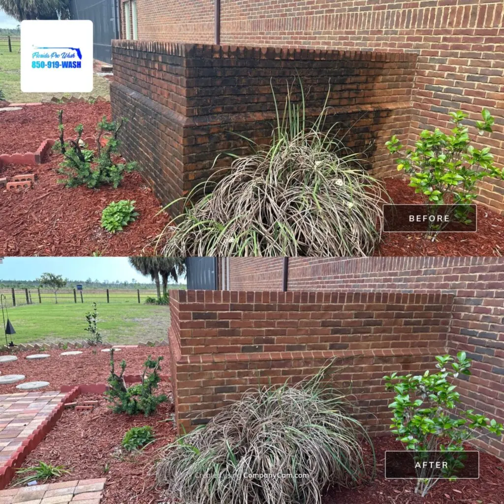 Before-and-after of a brick retaining wall in Rosemary Beach, FL, showcasing professional pressure washing results. The "before" shows heavy dirt buildup; the "after" reveals clean, vibrant brick. Florida One Wash 850-919-WASH.