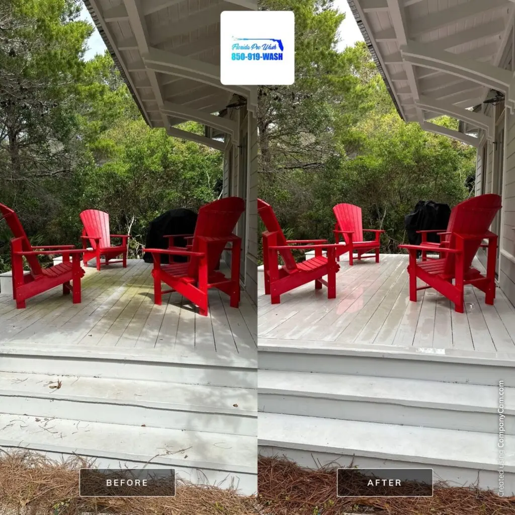 Before-and-after of a Rosemary Beach, FL deck power washed by Florida Pro Wash. Red Adirondack chairs sit on the clean, bright deck, surrounded by lush greenery.